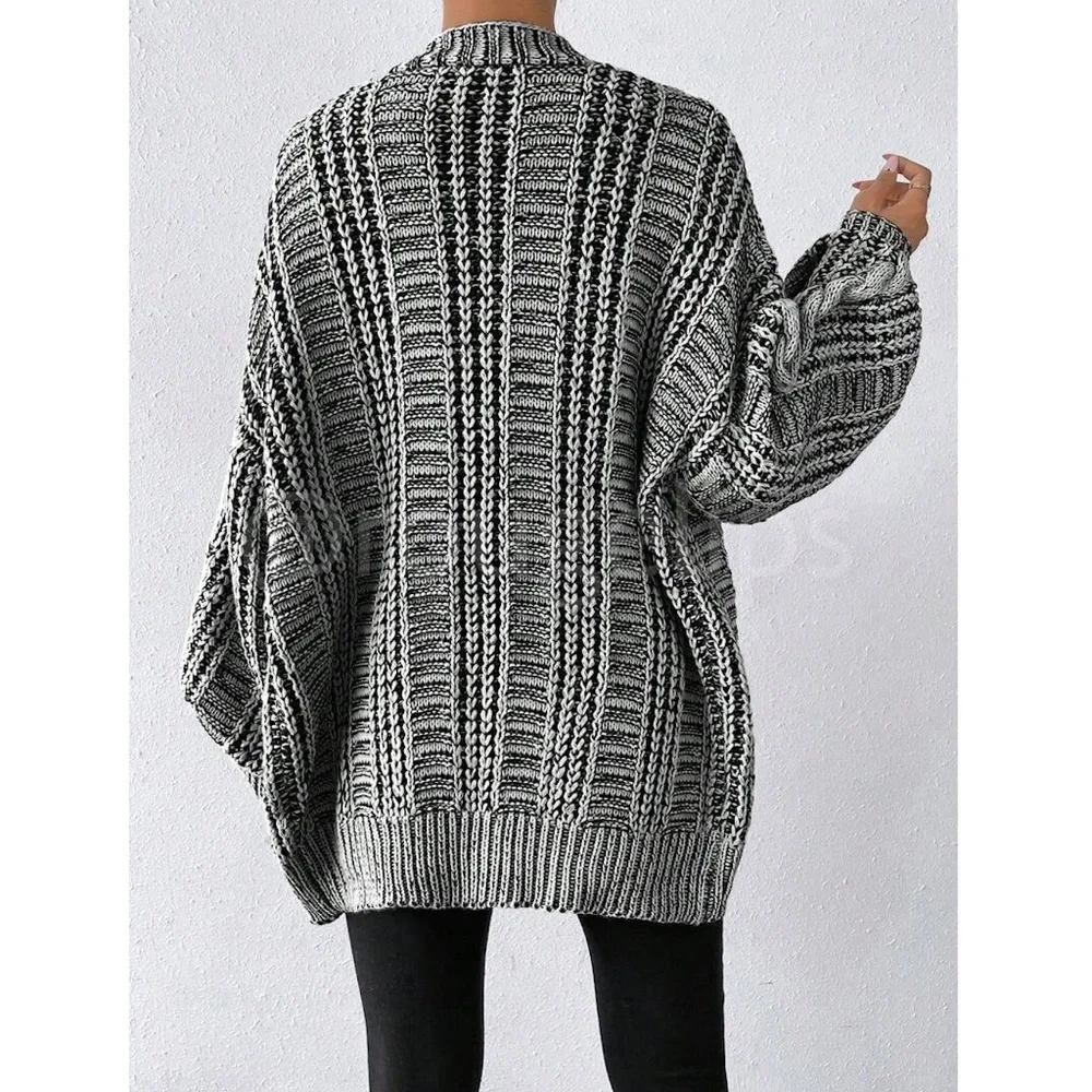 Oversized Grey Cable Knit Cardigan Long Sleeves Hip Length Buttoned - Picture 6 of 16